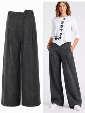Lurdes Bergada Wide-Leg Ramie Pants washed Black Dark Gray Asymmetrical Waist L
